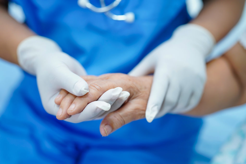 Holding Touching hands senior or elderly lady patient with love, care, helping, encourage and empathy at nursing hospital ward : healthy strong medical concept